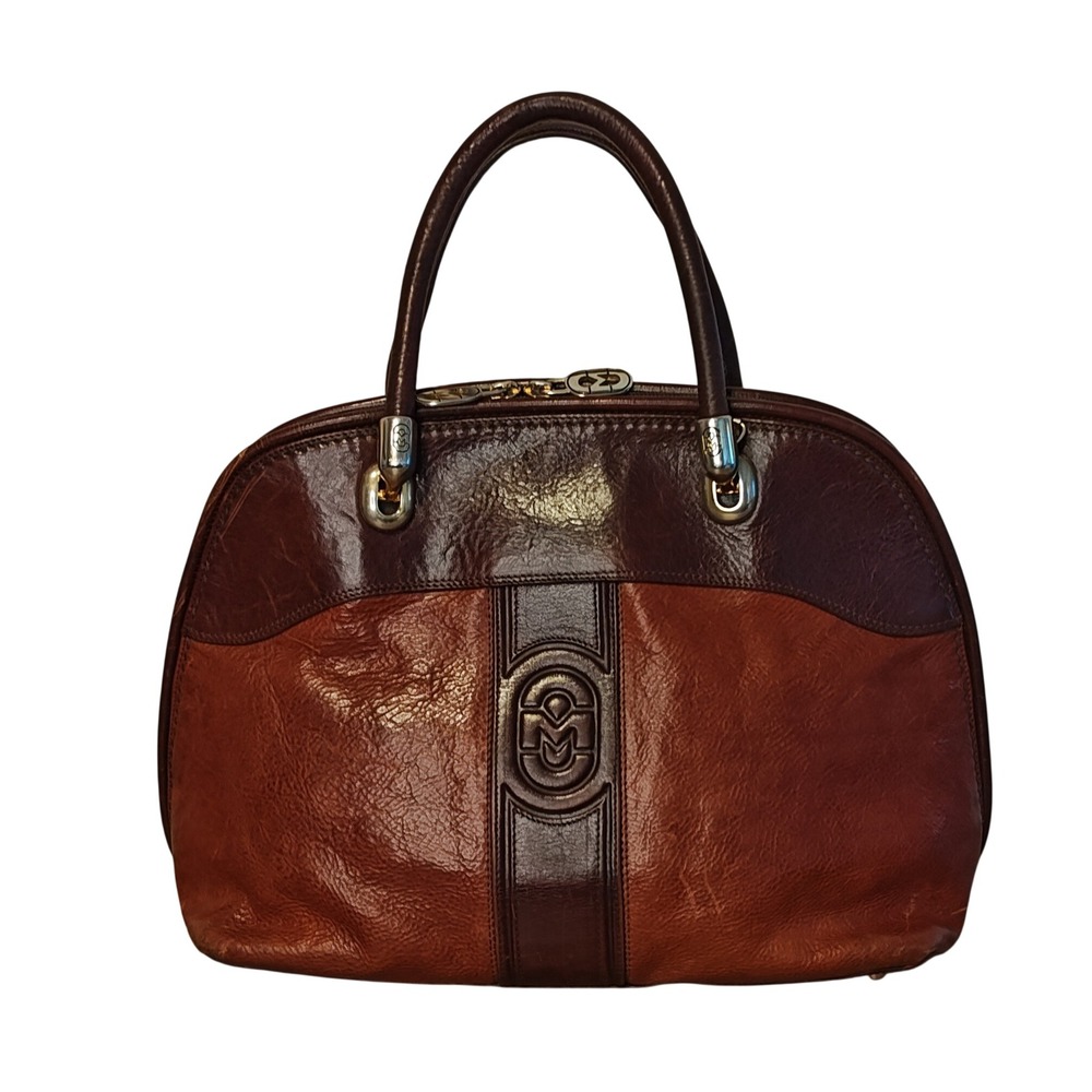 Marino Orlandi Satchel Handbag Tote Purse Brown Two-Tone Leather Made‎ In Italy